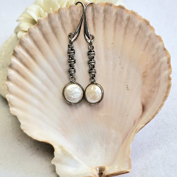 Sterling 925 ITALY Rolo Link Freshwater Pearl Drop Earrings - Picture 3 of 16